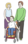 Auf dem Bild sehen sie Eltern mit einem Kind im Rollstuhl