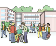 Auf dem Bild sehen sie Kinder mit und ohne Behinderung auf einem Schulhof.